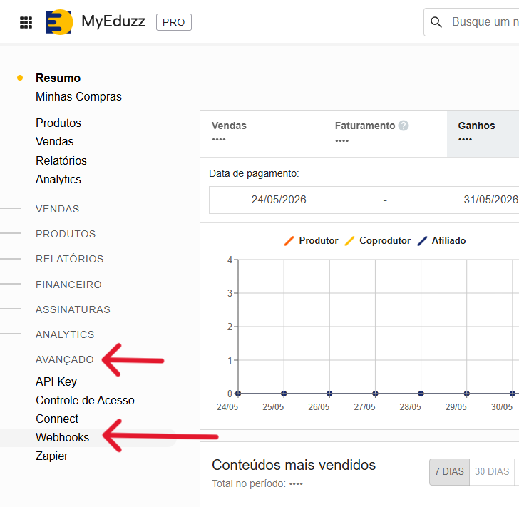 Menu lateral da Eduzz com setas apontando para Avançado e Webhooks.