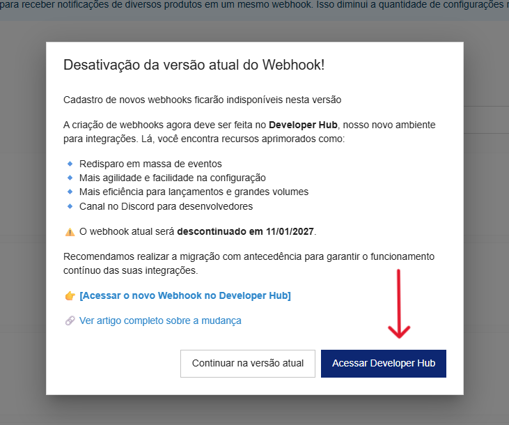 Tela da Eduzz informando a desativação da versão atual do webhook e botão Acessar Developer Hub.