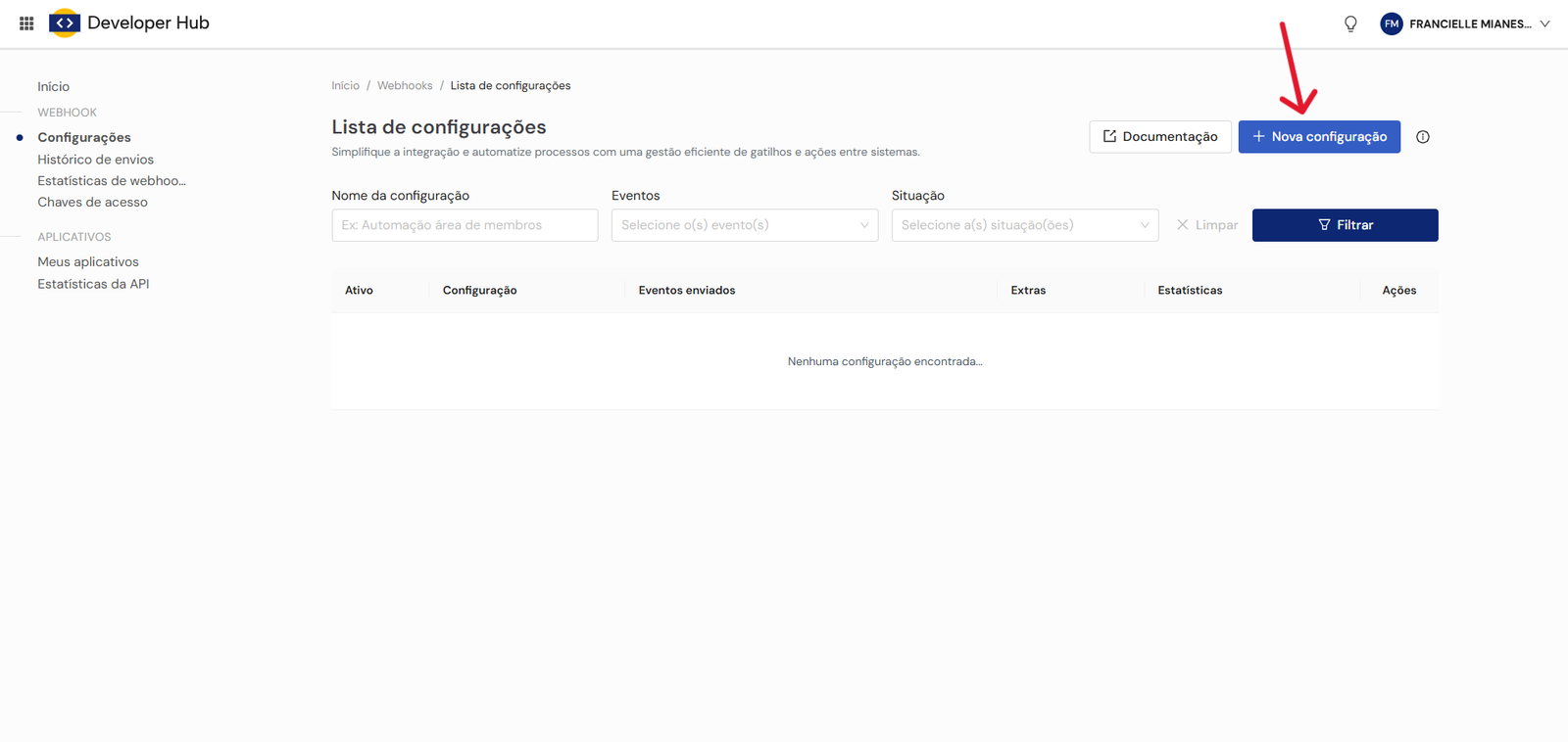 Lista de configurações no Developer Hub da Eduzz com botão Nova configuração destacado.