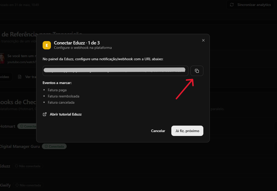 Tela do YouPro Track mostrando a URL do webhook da Eduzz para copiar.