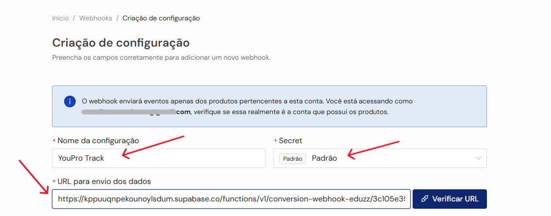 Tela de criação de configuração da Eduzz com nome, secret padrão e URL preenchidos.