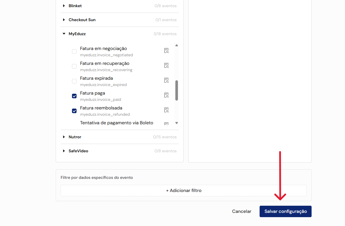 Botão Salvar configuração no final da tela da Eduzz.