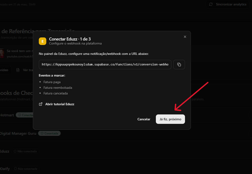 Modal do YouPro Track com botão Já fiz, próximo destacado.