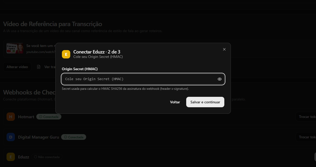 Tela do YouPro Track pedindo para colar a Origin Secret HMAC.