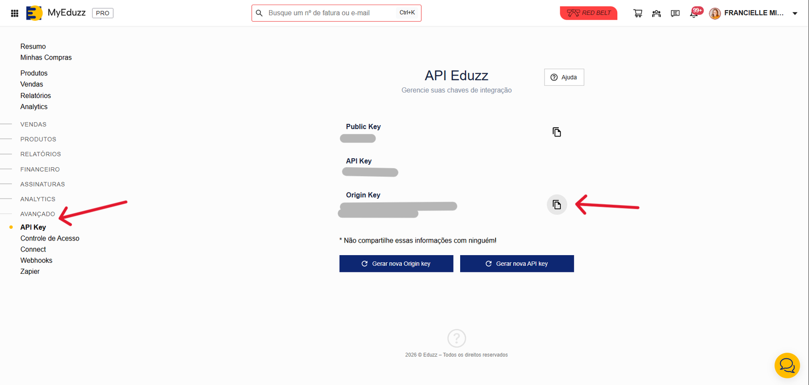 Tela API Eduzz com campo Origin Key e botão de copiar destacado.
