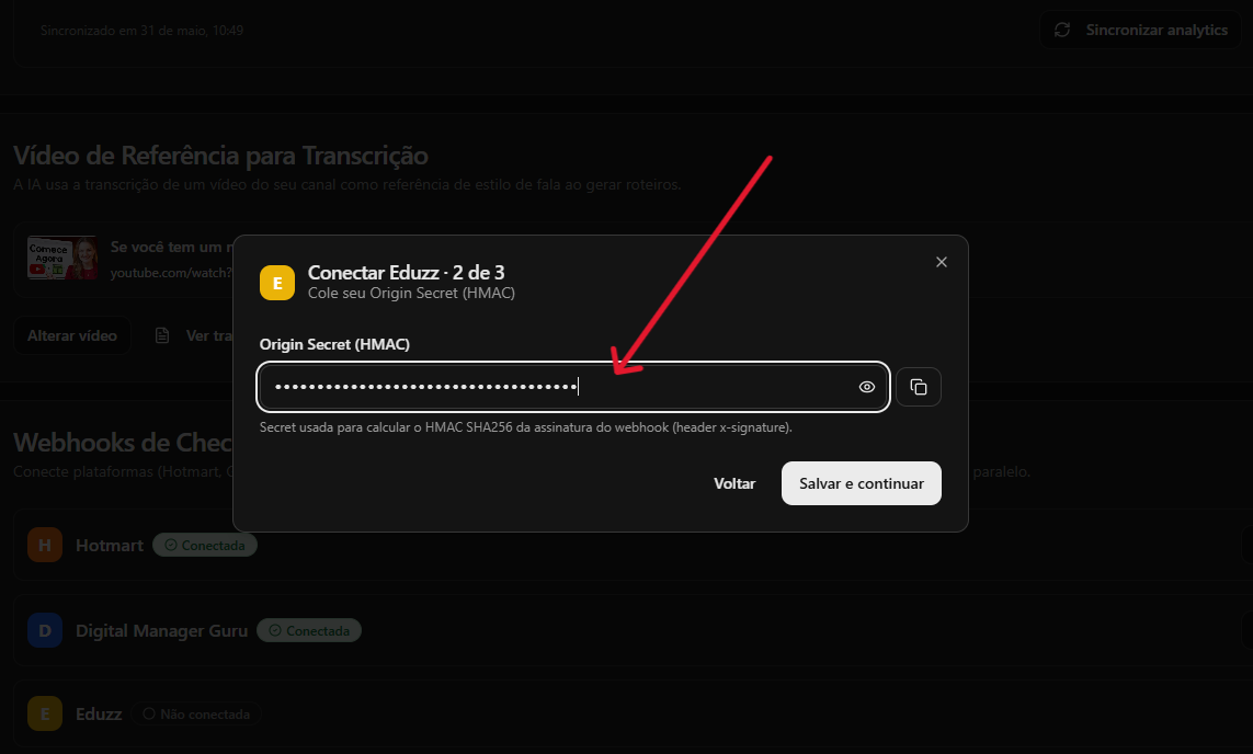 Modal do YouPro Track com Origin Secret preenchido e botão Salvar e continuar.