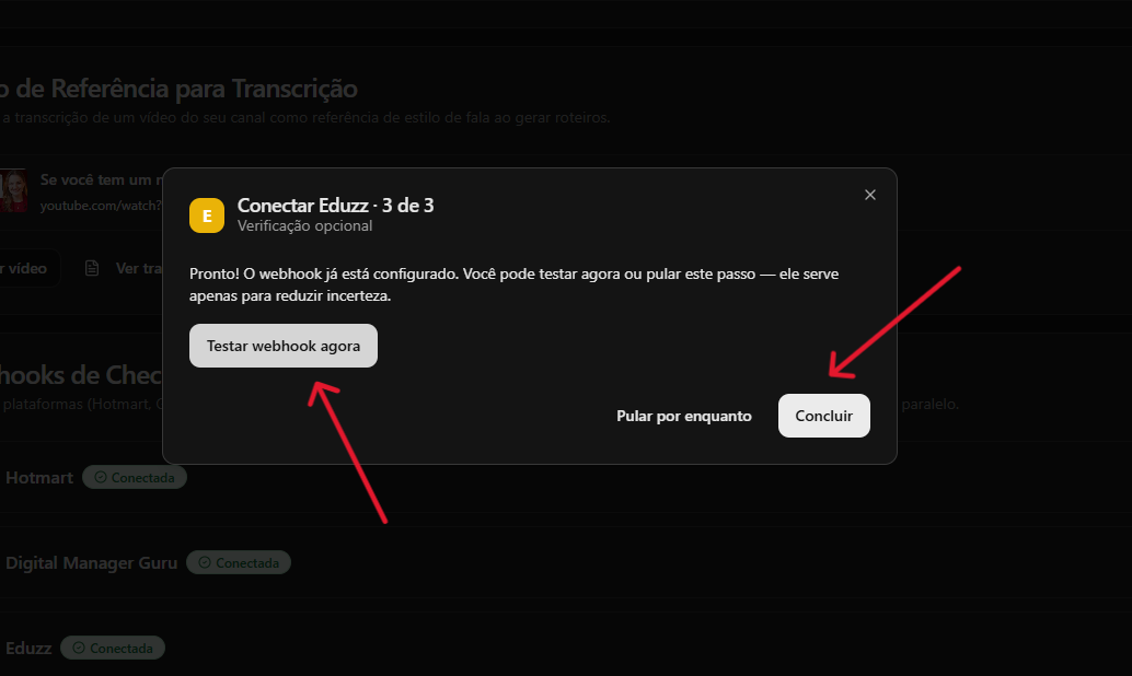 Tela final do modal do YouPro Track com botões Testar webhook agora e Concluir.