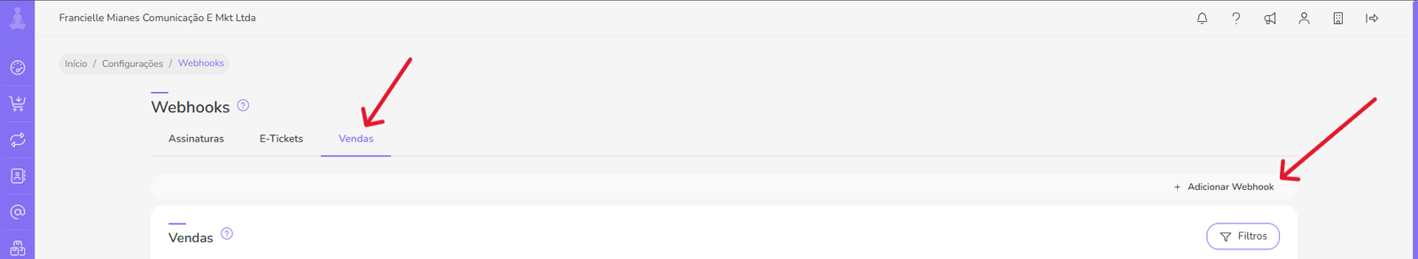Tela de webhooks da Guru com aba Vendas e botão Adicionar Webhook destacados.