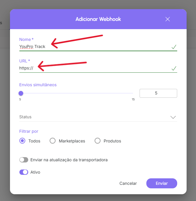 Modal da Guru para adicionar webhook com campos Nome e URL preenchidos.