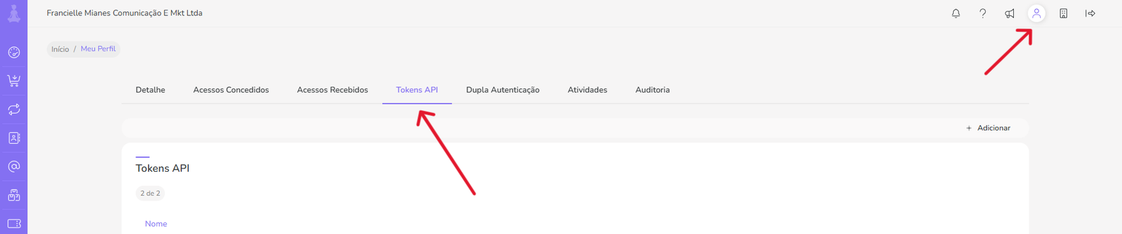 Tela de perfil da Guru com aba Tokens API destacada.