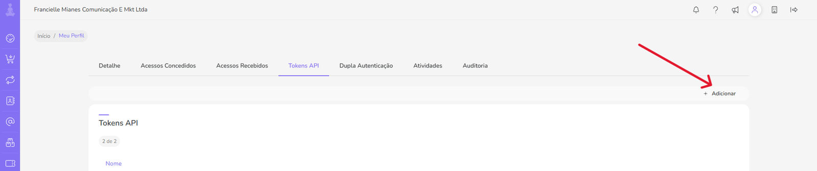 Tela de Tokens API da Guru com botão Adicionar destacado.