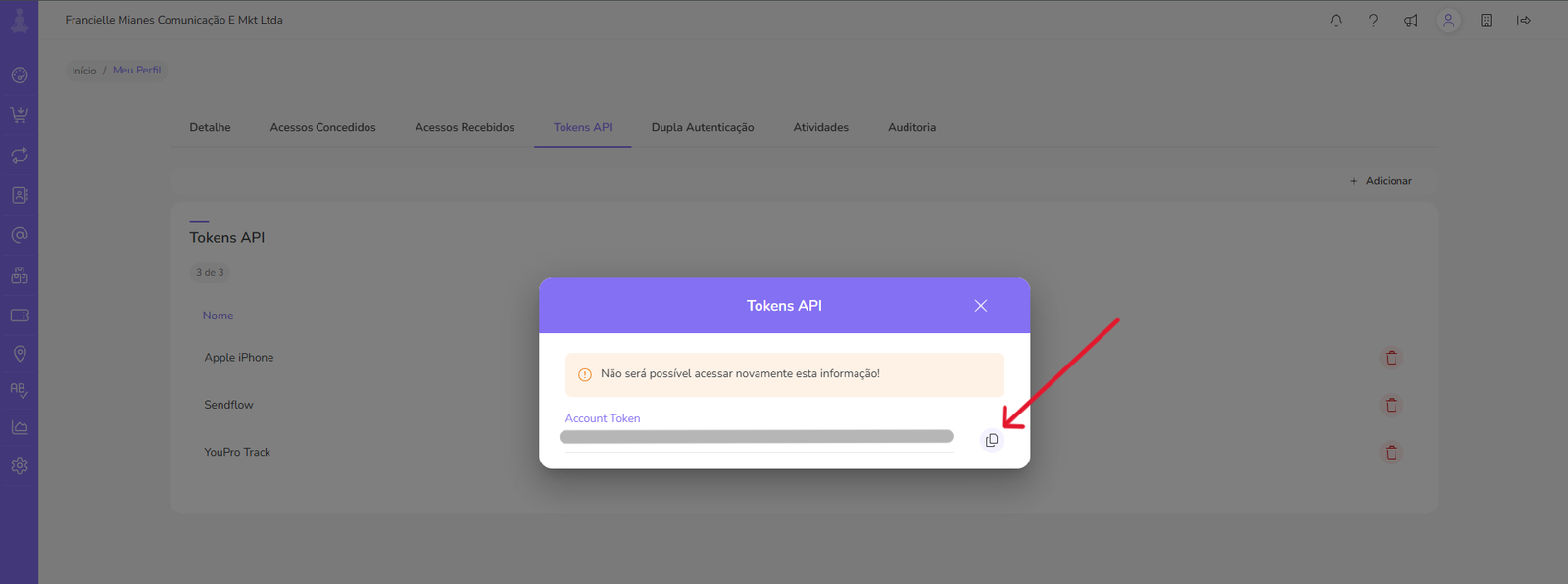 Modal de Tokens API da Guru com Account Token e botão de copiar destacados.