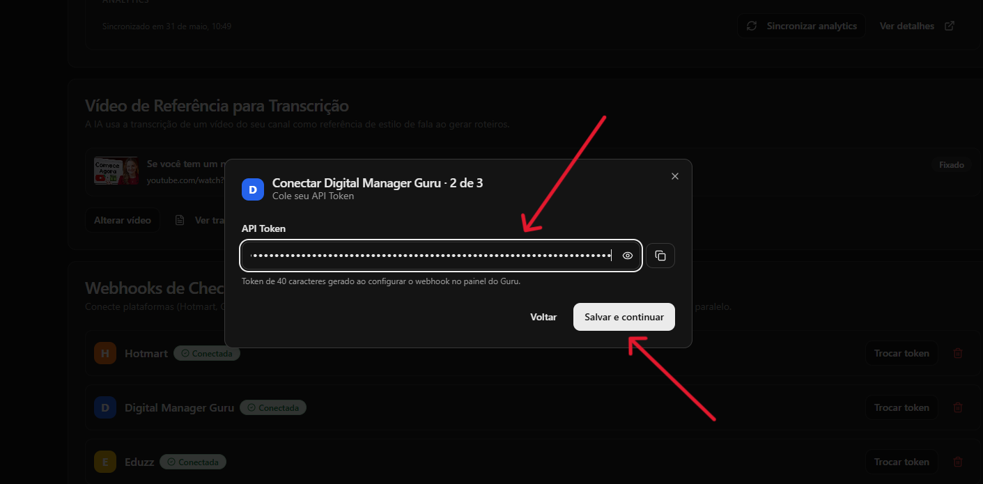 Janela do YouPro Track com campo API Token e botão Salvar e continuar destacados.