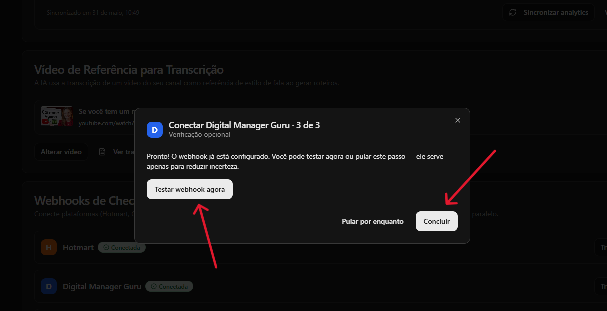Janela do YouPro Track com opção Testar webhook agora e botão Concluir.