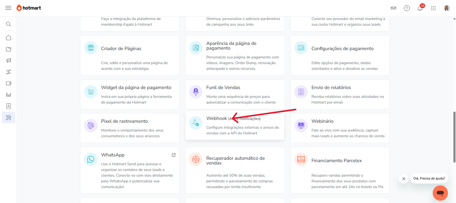 Tela de ferramentas da Hotmart com o card Webhook destacado.