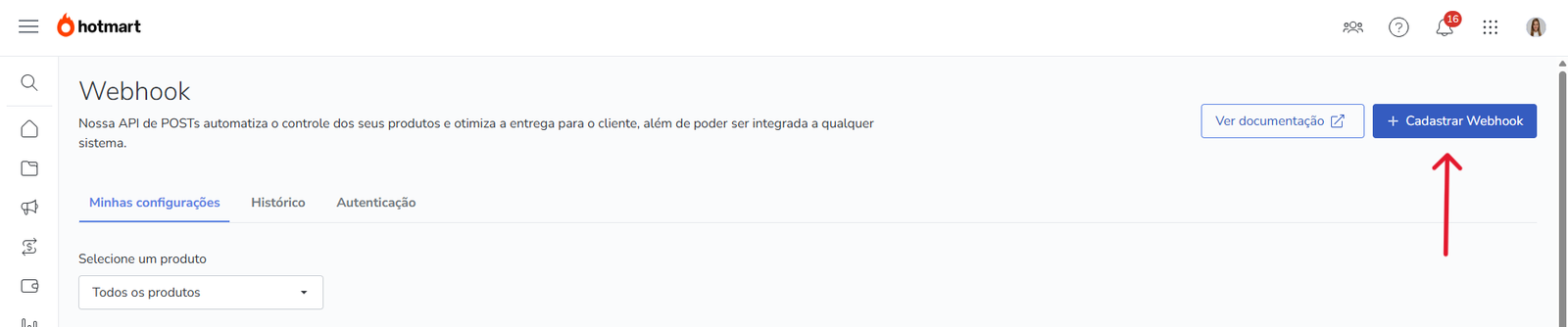 Tela de Webhook da Hotmart com botão Cadastrar Webhook destacado.