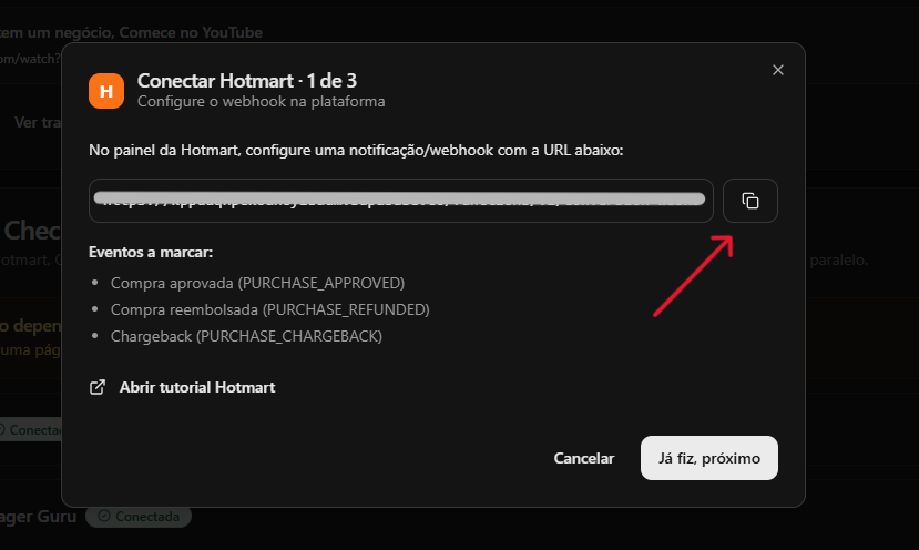 Janela do YouPro Track com URL do webhook da Hotmart para copiar.