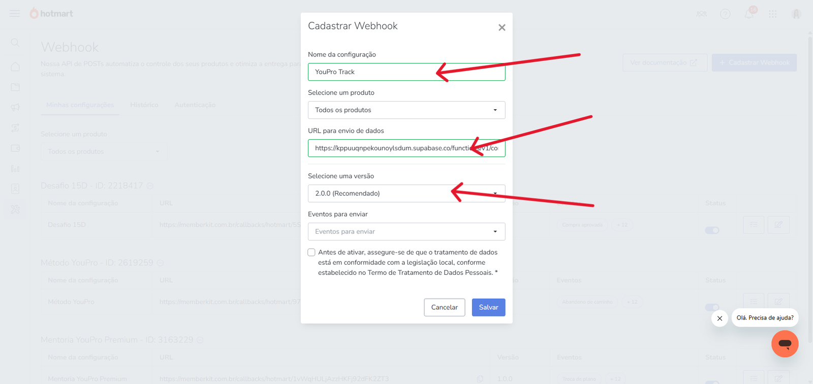 Modal da Hotmart para cadastrar webhook com nome, URL e versão 2.0.0 destacados.
