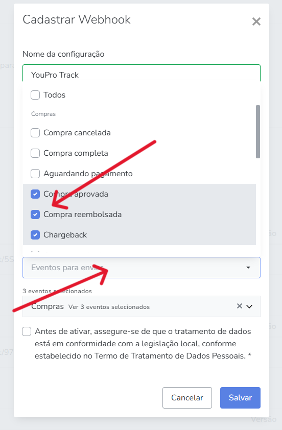 Modal da Hotmart com eventos Compra aprovada, Compra reembolsada e Chargeback selecionados.