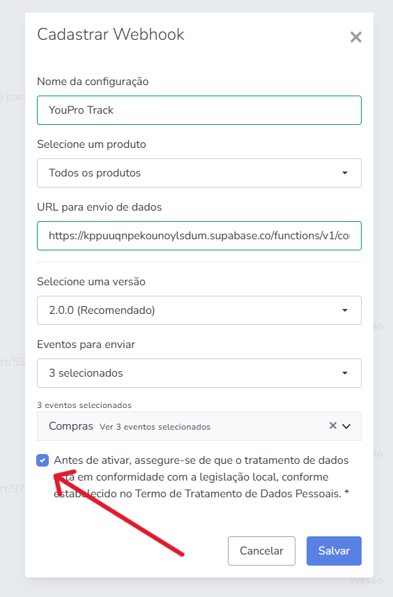 Modal da Hotmart com caixa de conformidade marcada e botão Salvar destacado.