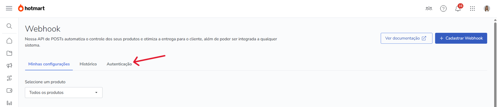 Tela de Webhook da Hotmart com aba Autenticação destacada.