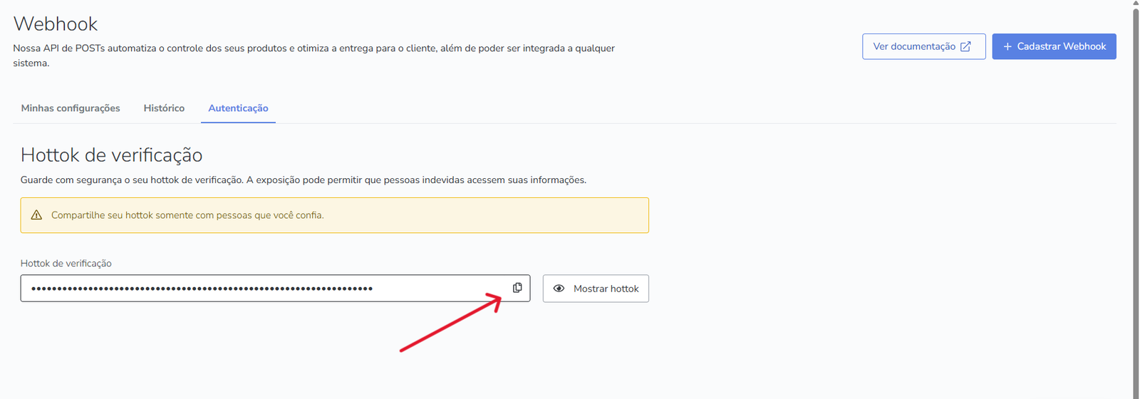 Tela de autenticação da Hotmart com botão para copiar o Hottok destacado.