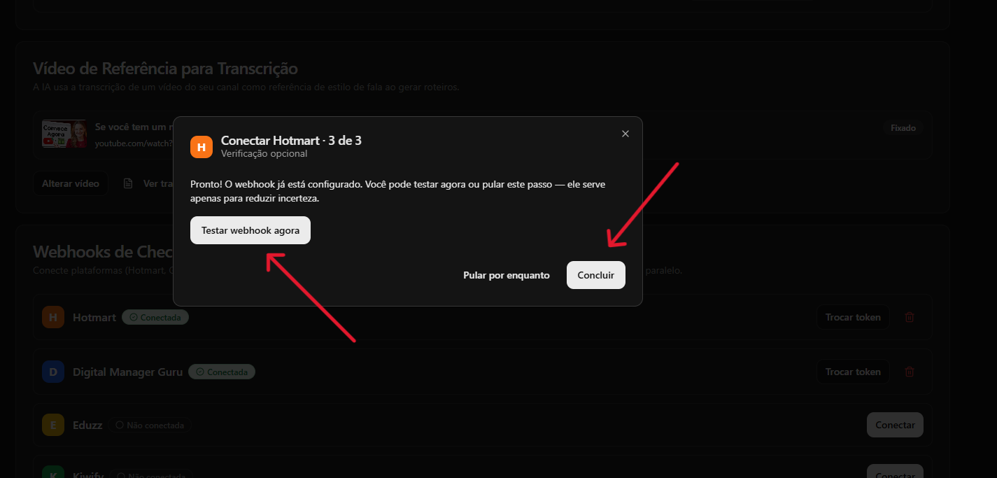 Janela do YouPro Track com opção Testar webhook agora e botão Concluir.