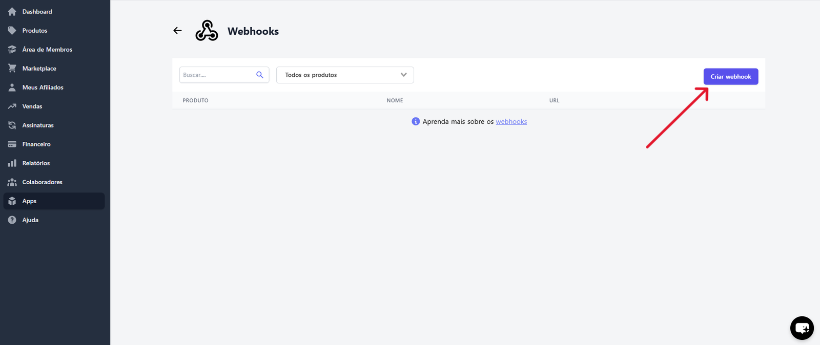 Tela de webhooks da Kiwify com botão Criar webhook destacado.