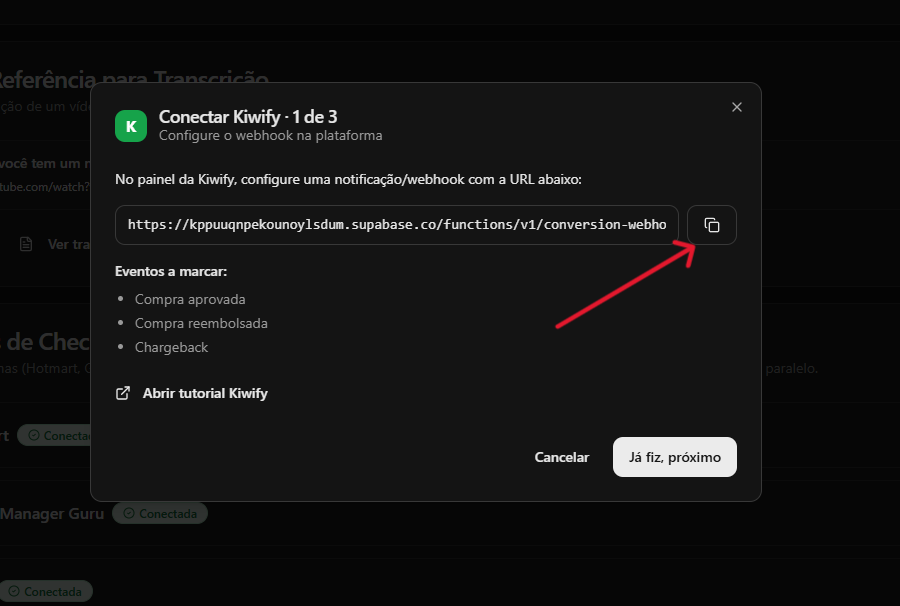 Janela do YouPro Track com URL do webhook para copiar.