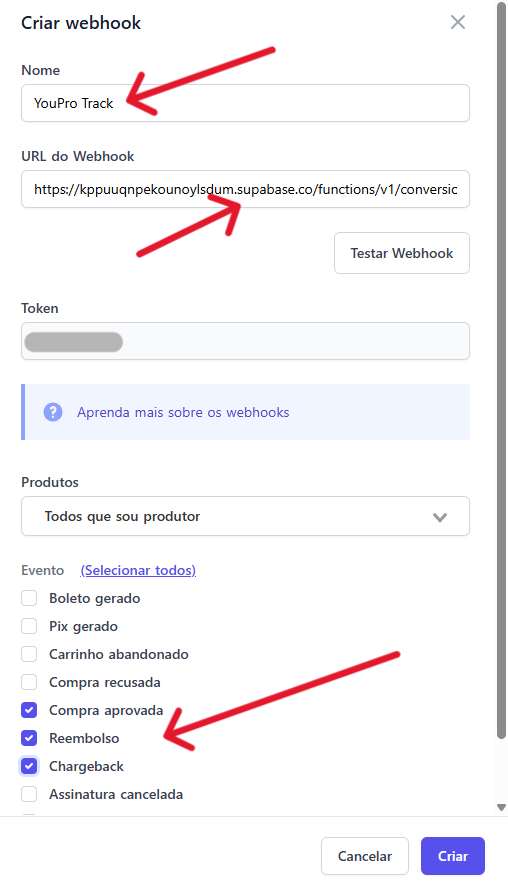 Modal da Kiwify para criar webhook com nome, URL e eventos Compra aprovada, Reembolso e Chargeback selecionados.