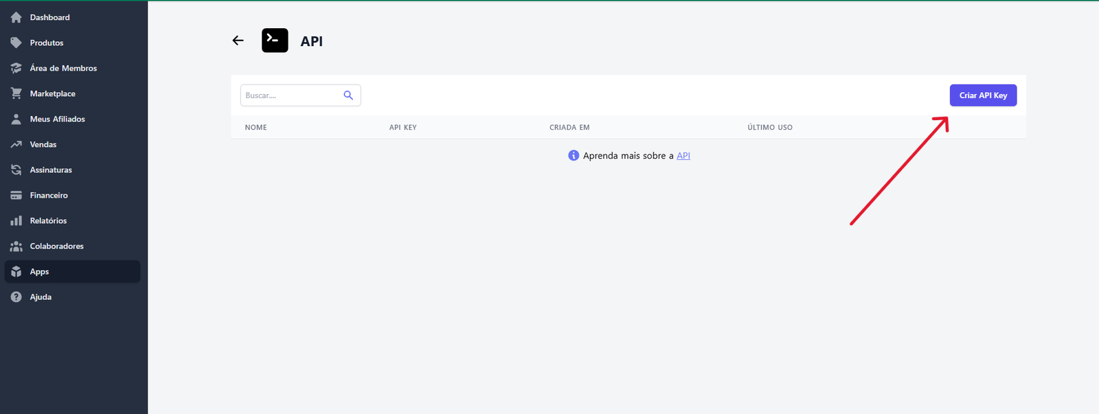 Tela de API da Kiwify com botão Criar API Key destacado.