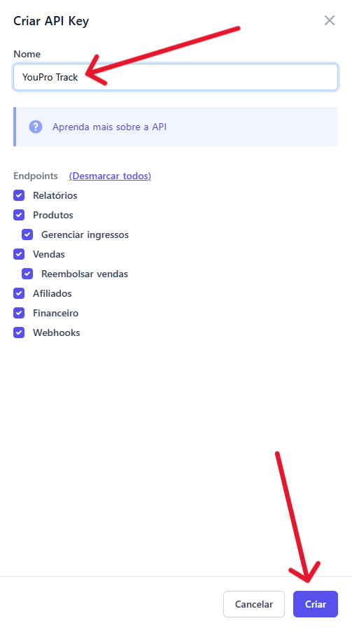 Modal da Kiwify para criar API Key com endpoints selecionados e botão Criar destacado.