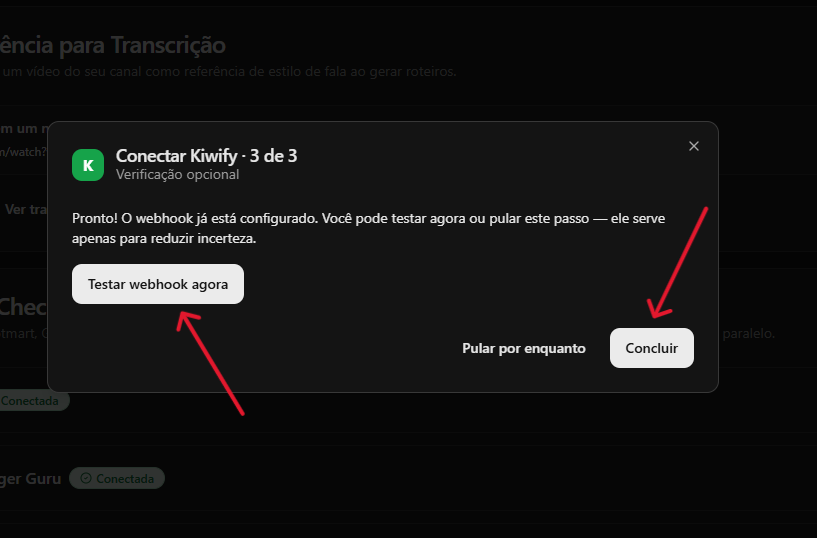 Janela do YouPro Track com opção Testar webhook agora e botão Concluir.