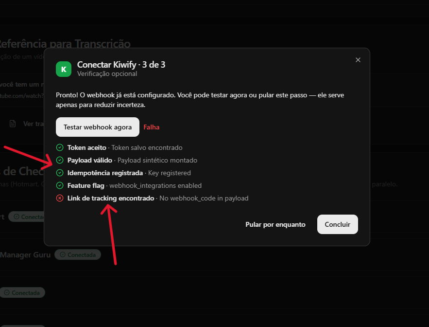 Resultado do teste do webhook no YouPro Track com verificações verdes e uma falha no link de tracking.