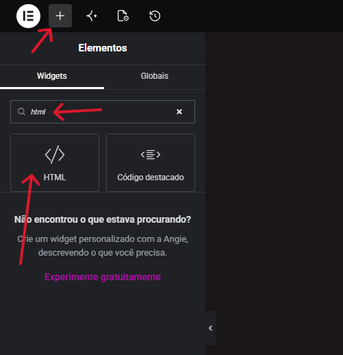 No Elementor, clique no botão + e procure por HTML