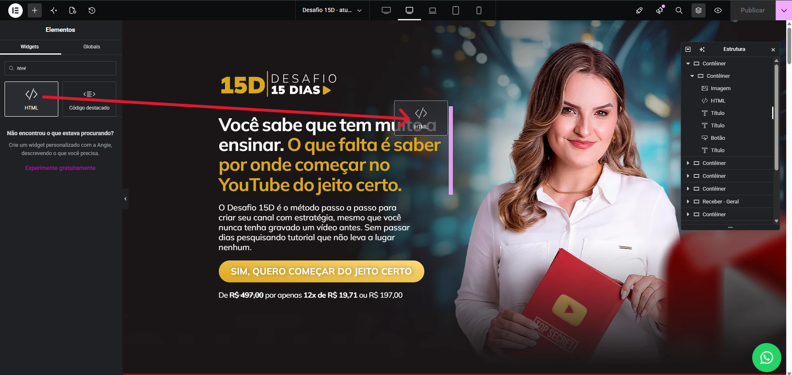 Arraste o elemento HTML para dentro da página