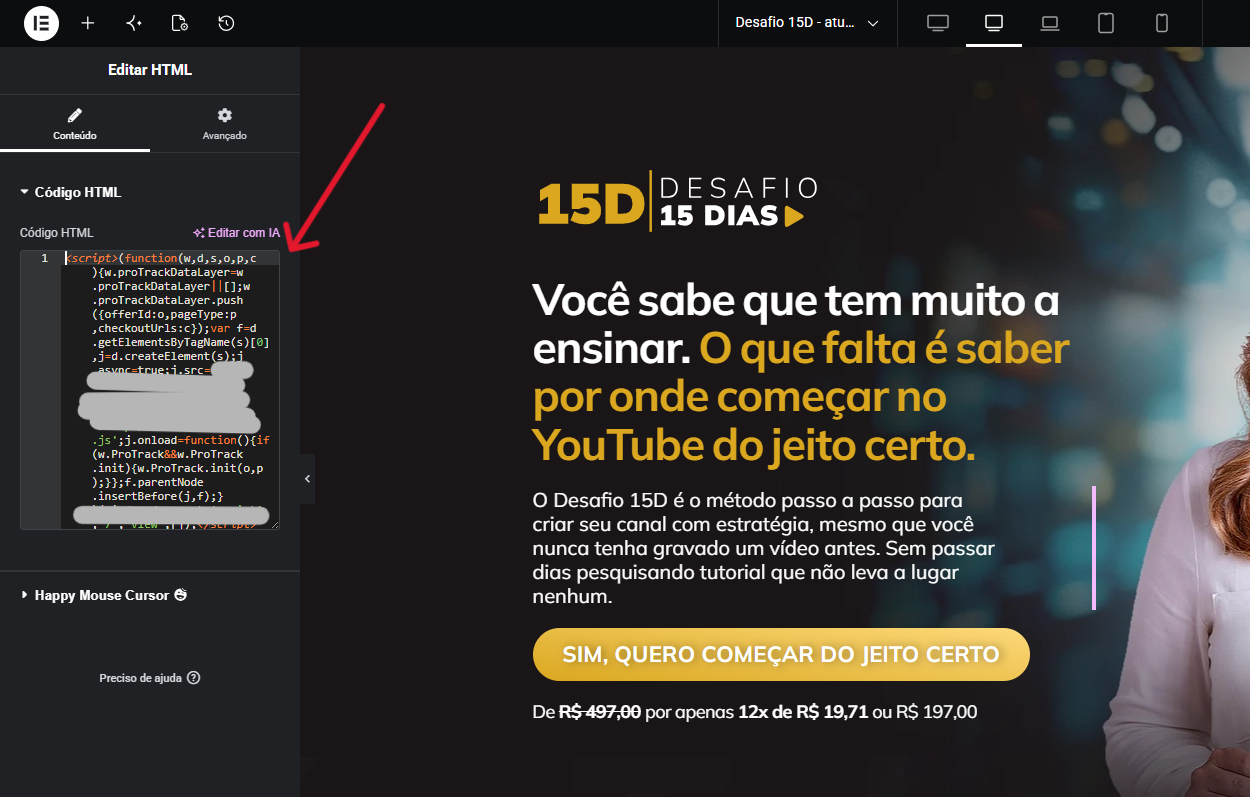 Cole o script copiado e salve a página