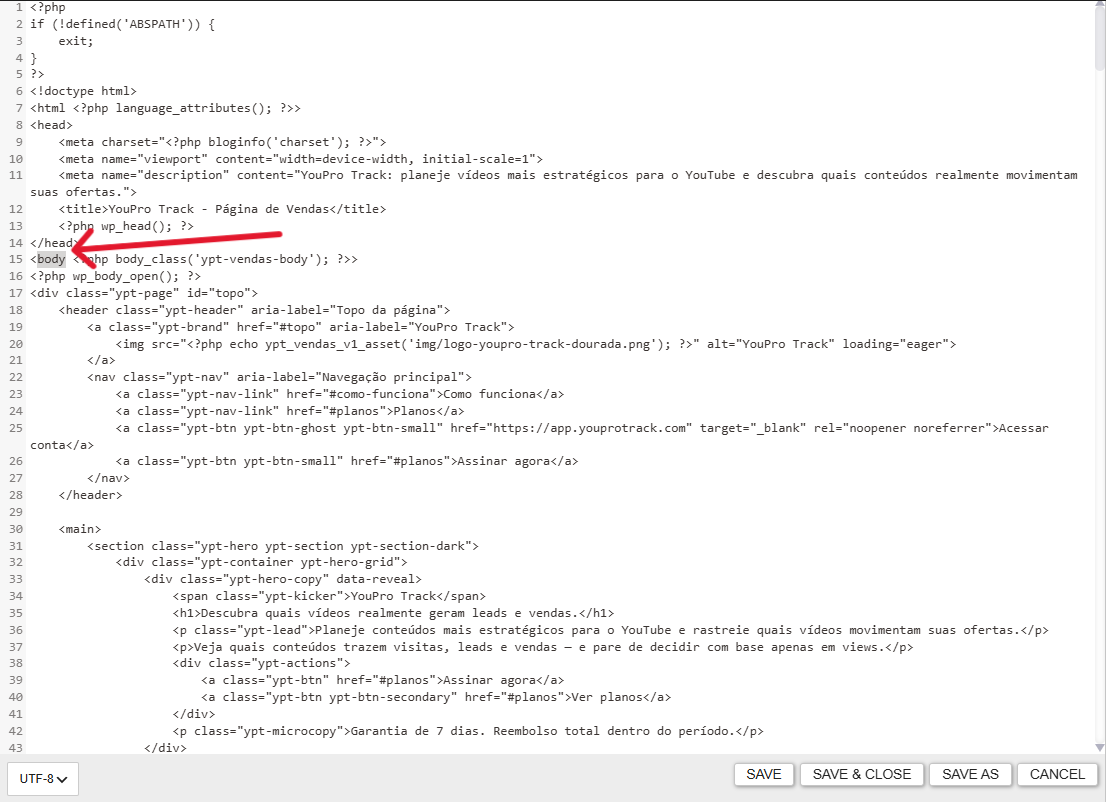 Abra o arquivo HTML e encontre o início do body