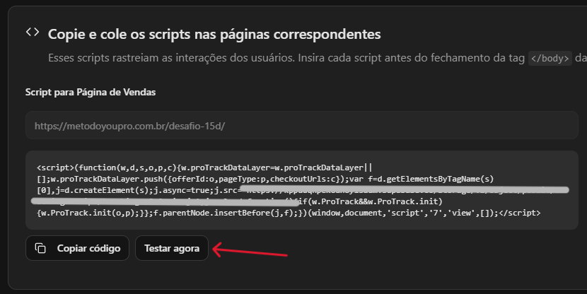 Botão Testar agora no YouPro Track
